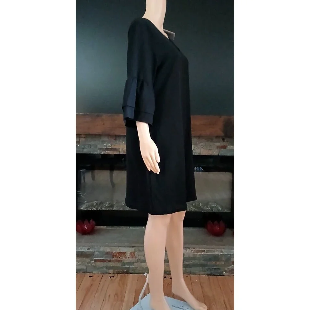 NEW Belongsci Women's LARGE Party Dress V-Neck Bell Sleeve Black Elegant Fancy